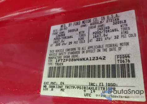 1998 Ford F-150 Lariat/Standard/Xl/Xlt from USA, damaged, VIN 1FTZF08W4WKA12342